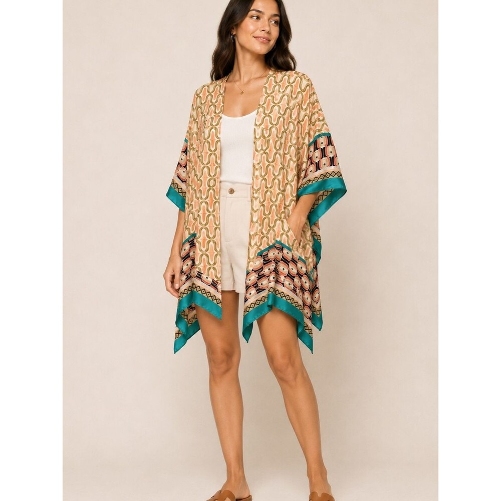 Boho Patterned Kimono Cover-Up in Teal & Peach - NWT